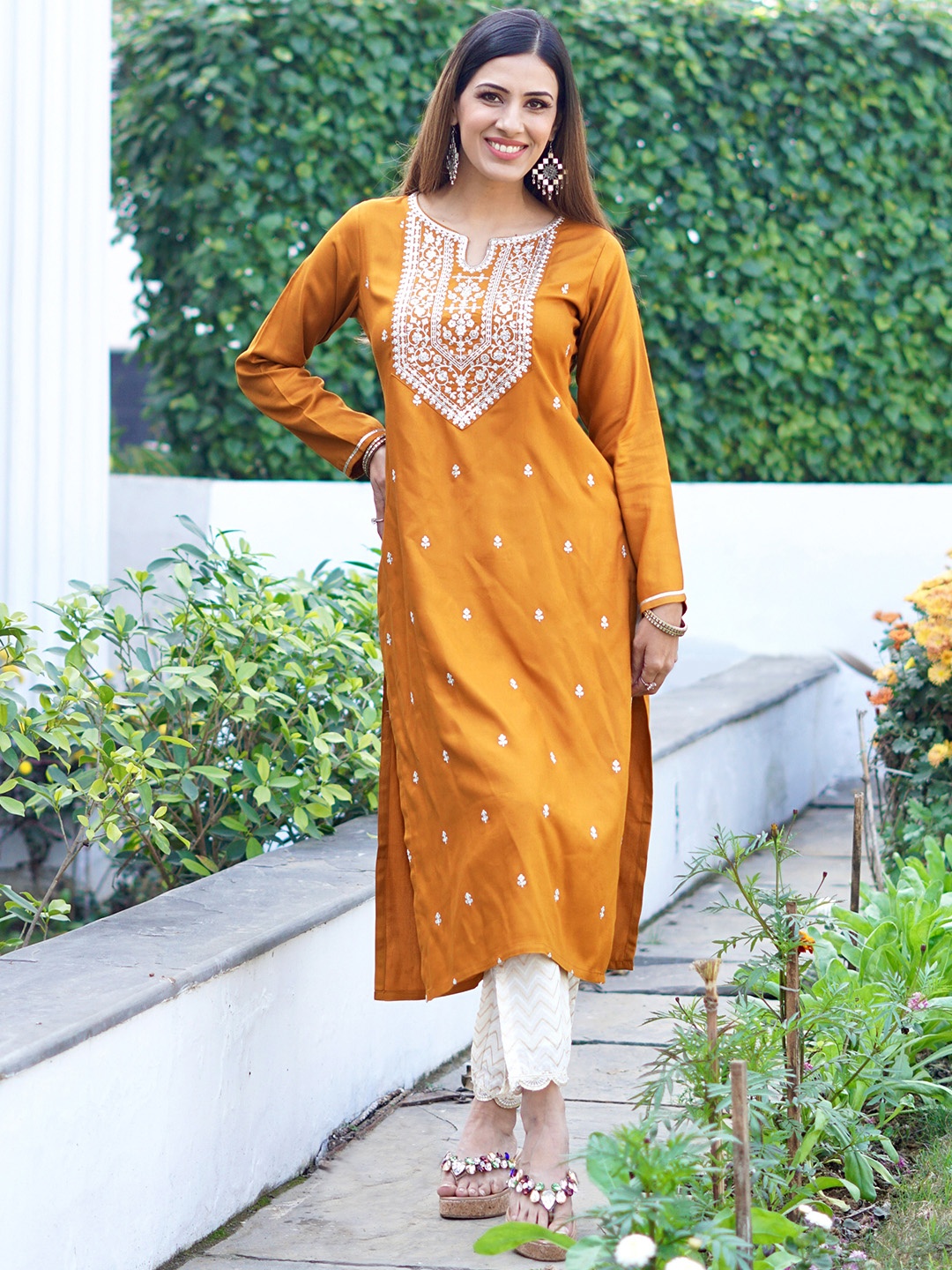 

Libas Women Mustard Pashmina Wool Embroidered Straight Kurta