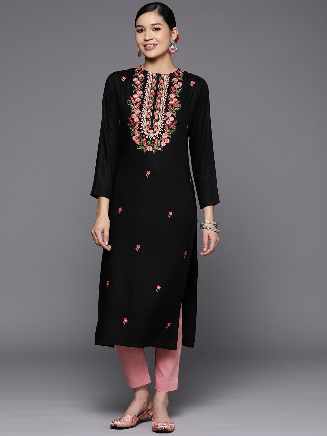 

Libas Women Black Pashmina Wool Floral Embroidered Yoke Detail Straight Kurta