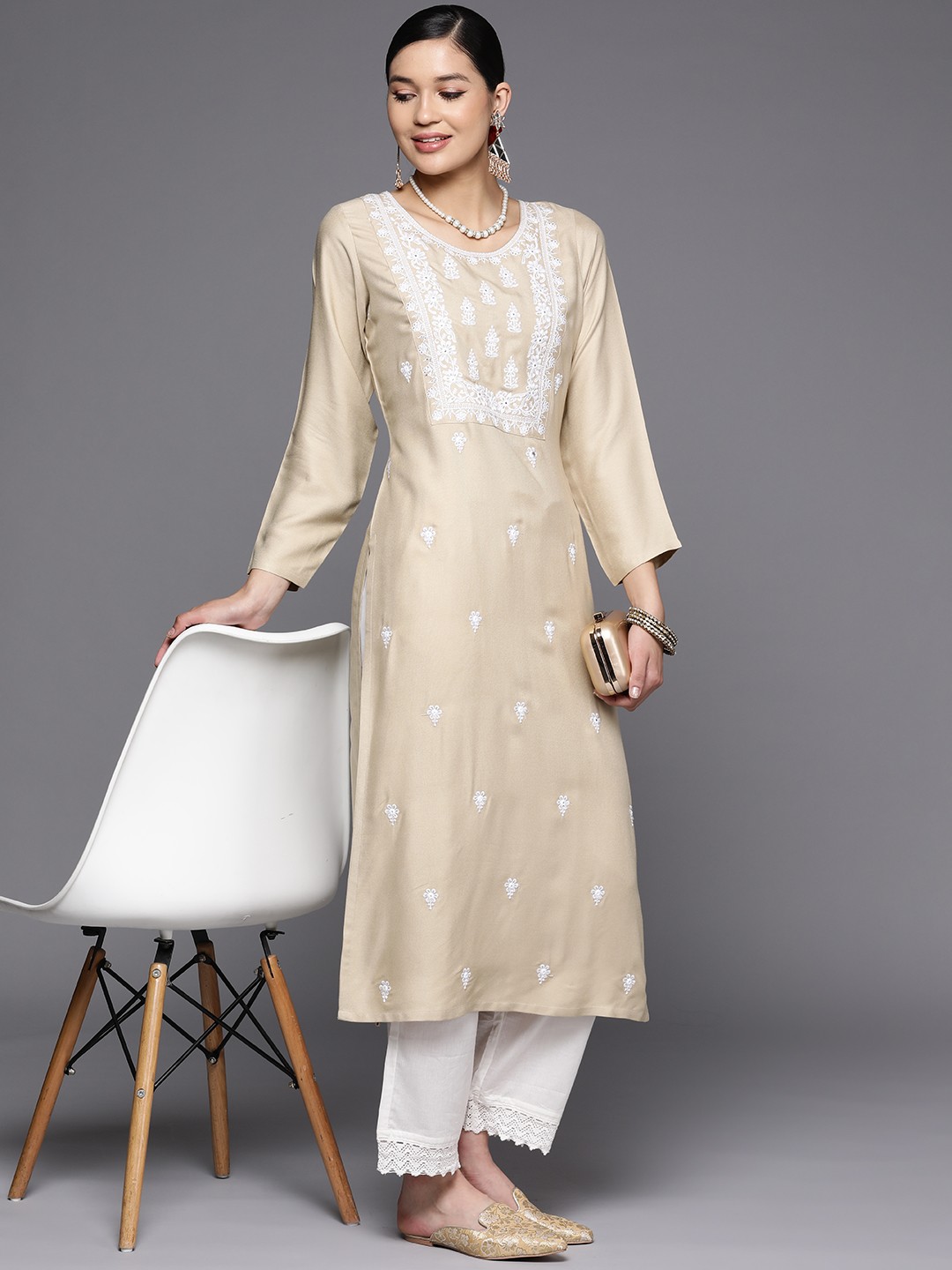 

Libas Beige Pashmina Wool Floral Embroidered Yoke Detail Straight Kurta, Cream