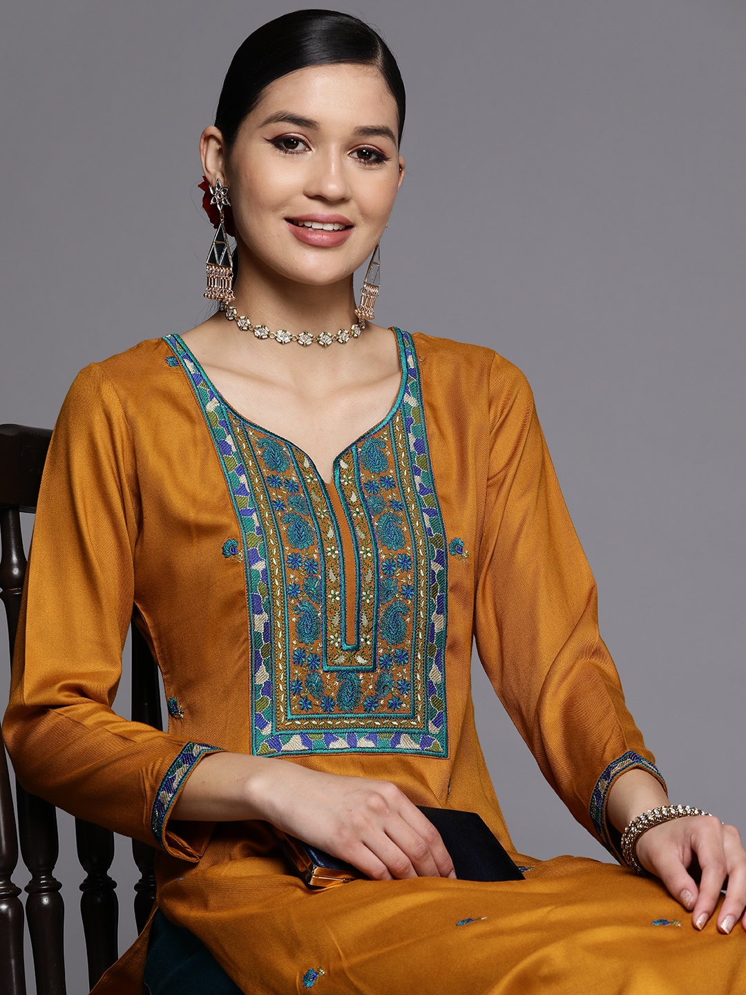 

Libas Mustard Pashmina Wool Embroidered Straight Kurta