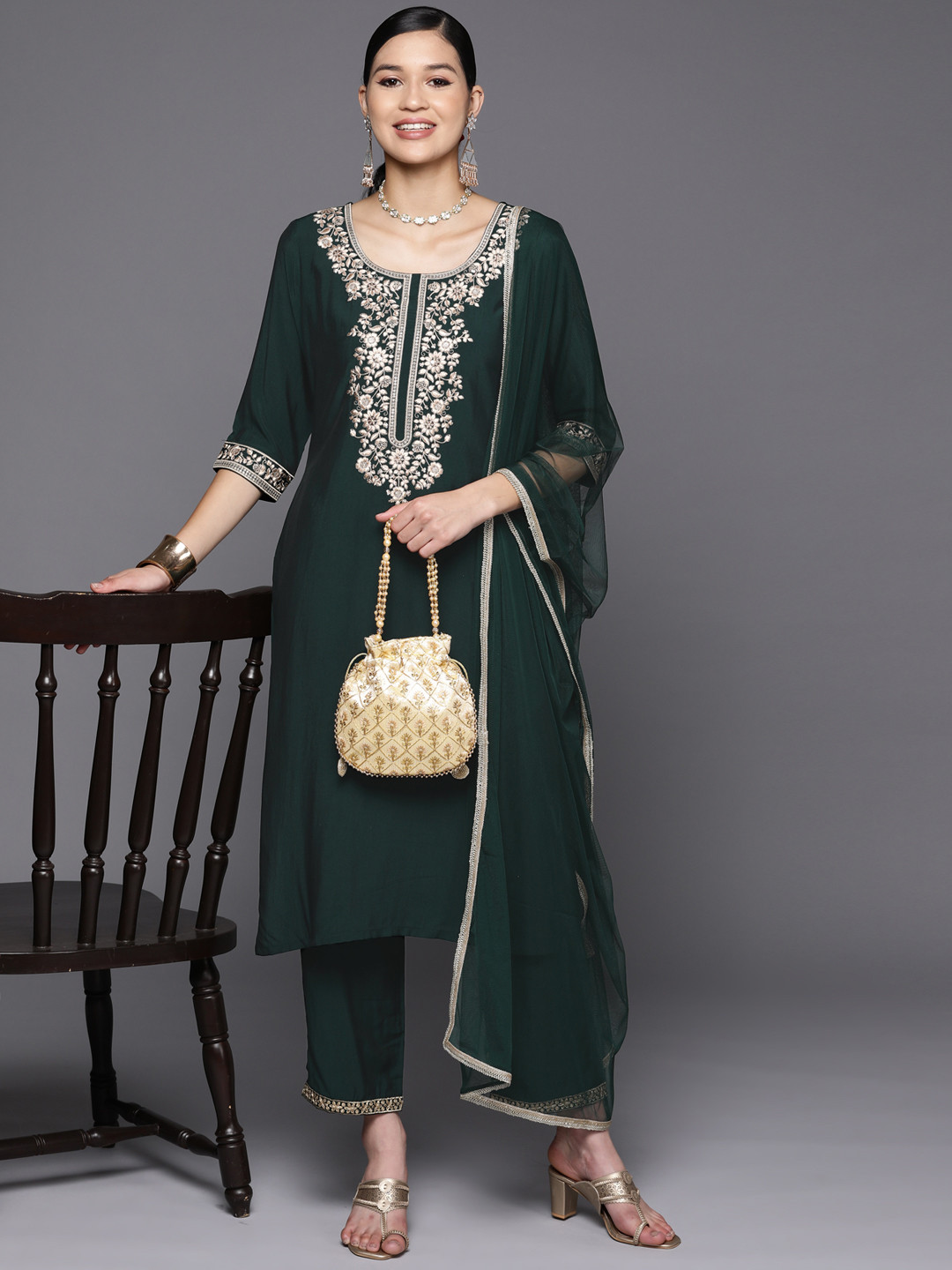 

Libas Green Floral Yoke Design Kurta with Trousers & With Dupatta