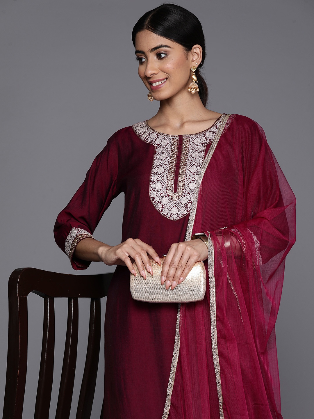 

Libas Floral Yoke Design Regular Thread Work Kurta With Trousers & Dupatta, Burgundy