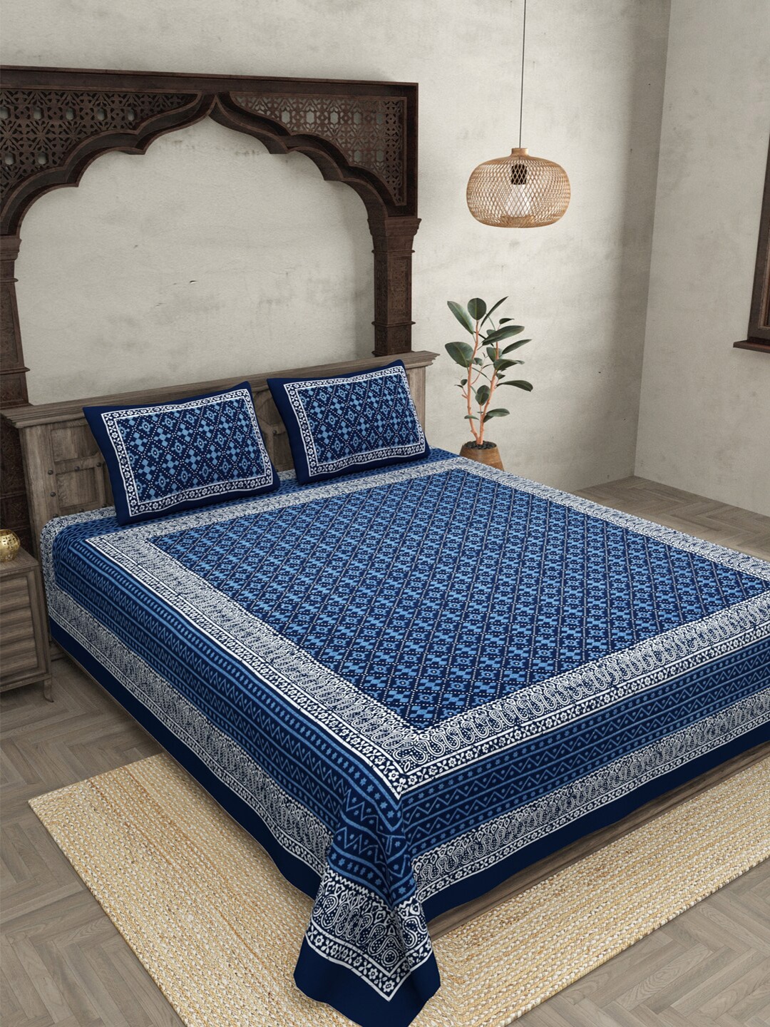 

JAIPUR FABRIC Blue & White Cotton Geometric Queen Bedsheet with 2 Pillow Covers