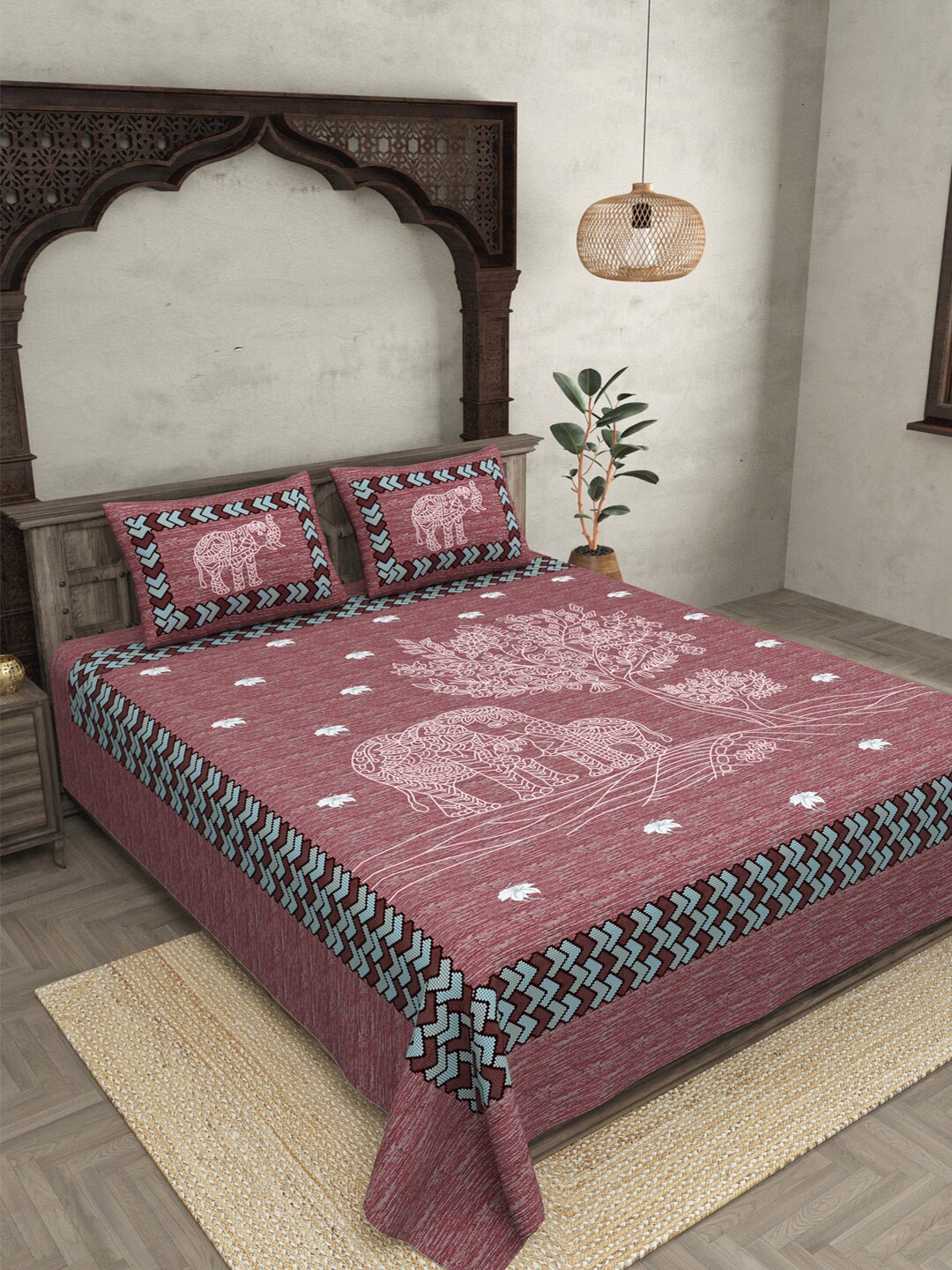 

JAIPUR FABRIC Red & White Cotton Ethnic Motifs King Bedsheet with 2 Pillow Covers