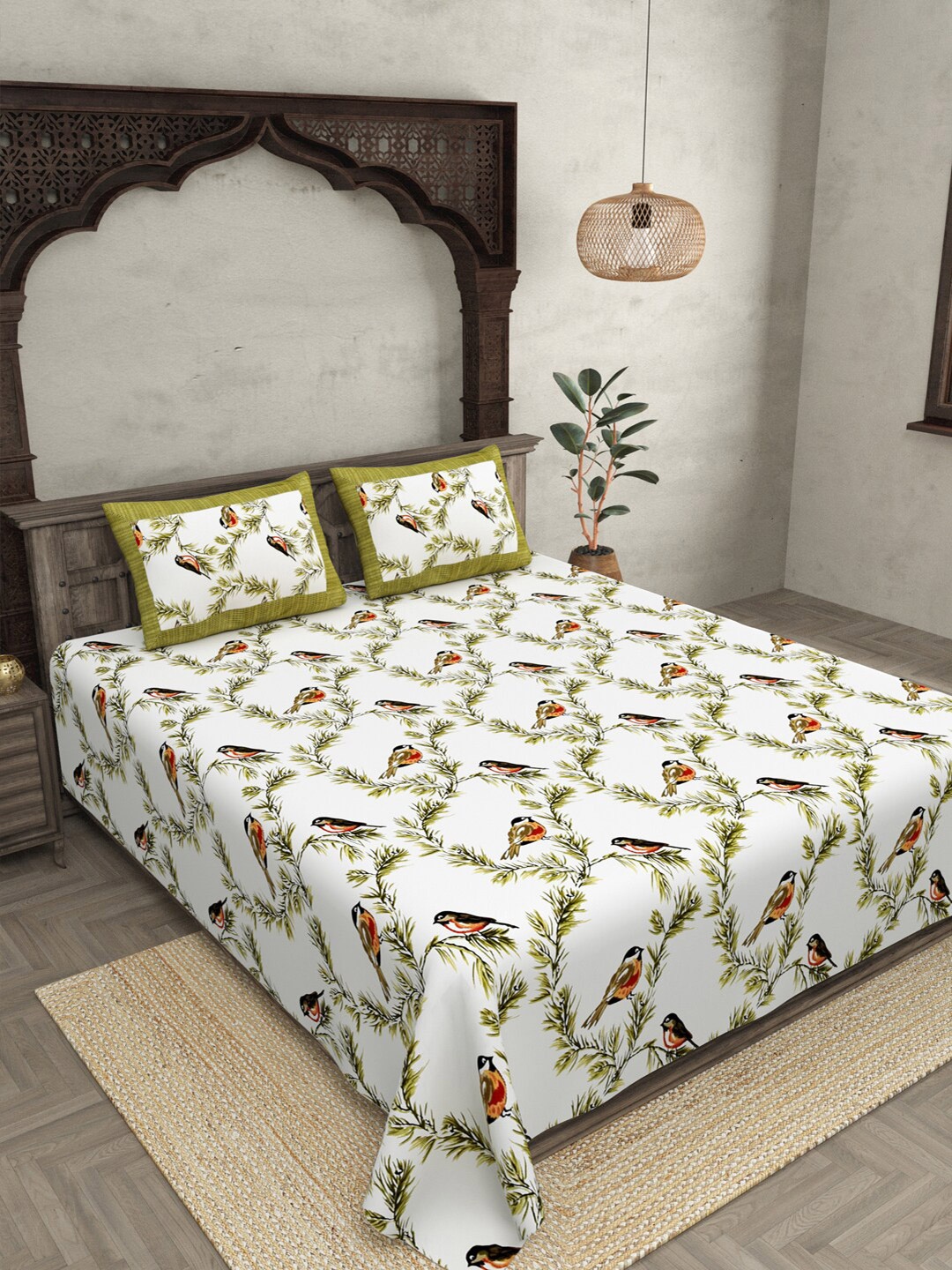 

JAIPUR FABRIC White & Green Cotton Floral King Bedsheet with 2 Pillow Covers