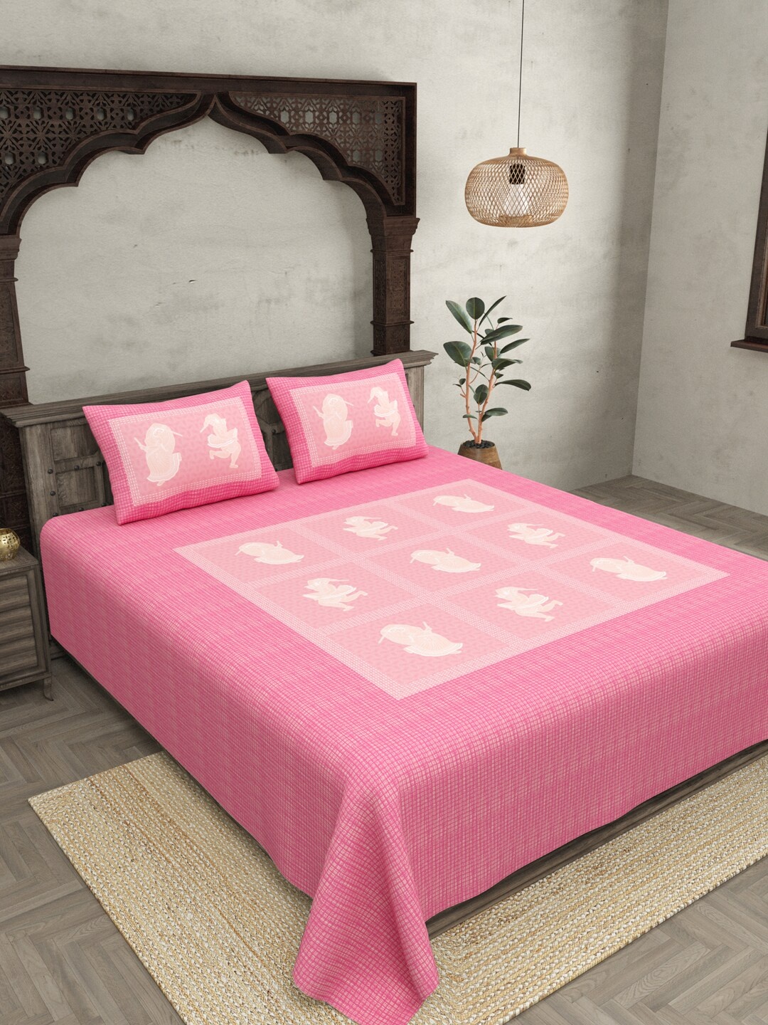 

JAIPUR FABRIC Pink & White Cotton Conversational 300 TC King Bedsheet with 2 Pillow Covers