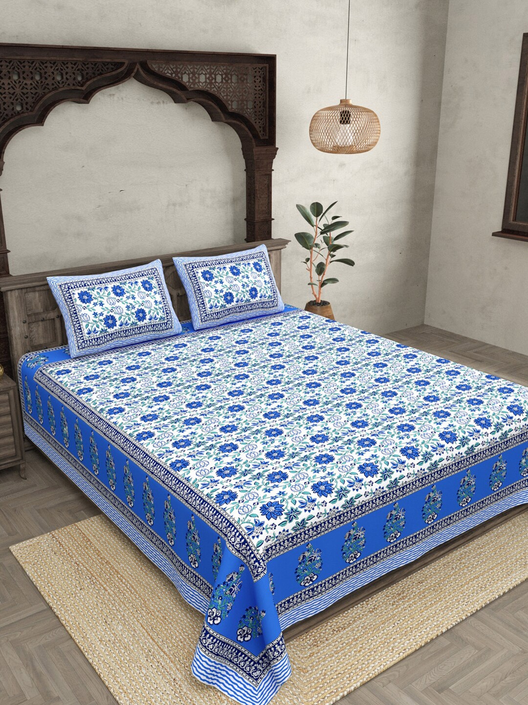 

JAIPUR FABRIC Blue & White Floral Cotton 120 TC Queen Bedsheet with 2 Pillow Covers