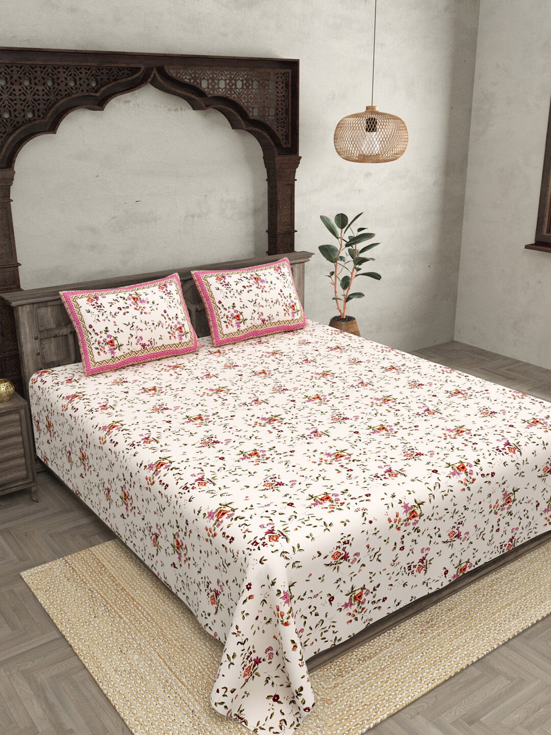 

JAIPUR FABRIC Cream-Coloured & Pink Cotton Floral King Bedsheet with 2 Pillow Covers