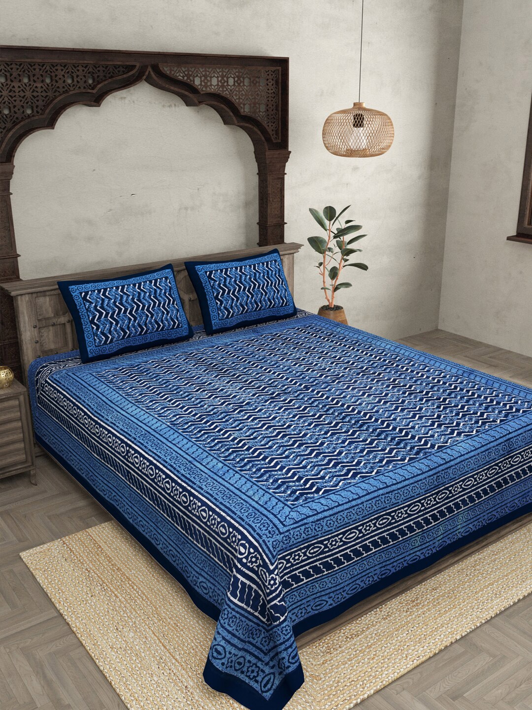

JAIPUR FABRIC Blue & White Cotton Striped Queen Bedsheet with 2 Pillow Covers