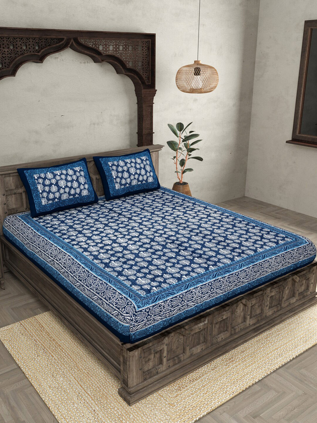 

JAIPUR FABRIC Blue & White Cotton Floral Queen Bedsheet with 2 Pillow Covers