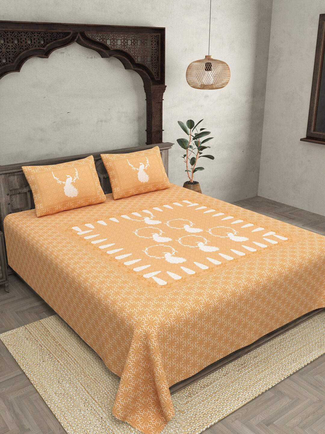

JAIPUR FABRIC Brown & Off White Cotton Floral 300 TC King Bedsheet with 2 Pillow Covers