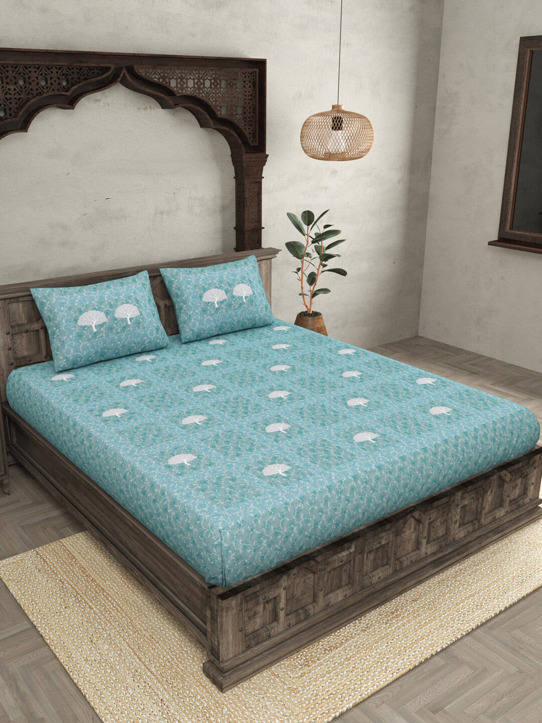 

JAIPUR FABRIC Blue & Off White Cotton Floral 300 TC King Bedsheet with 2 Pillow Covers