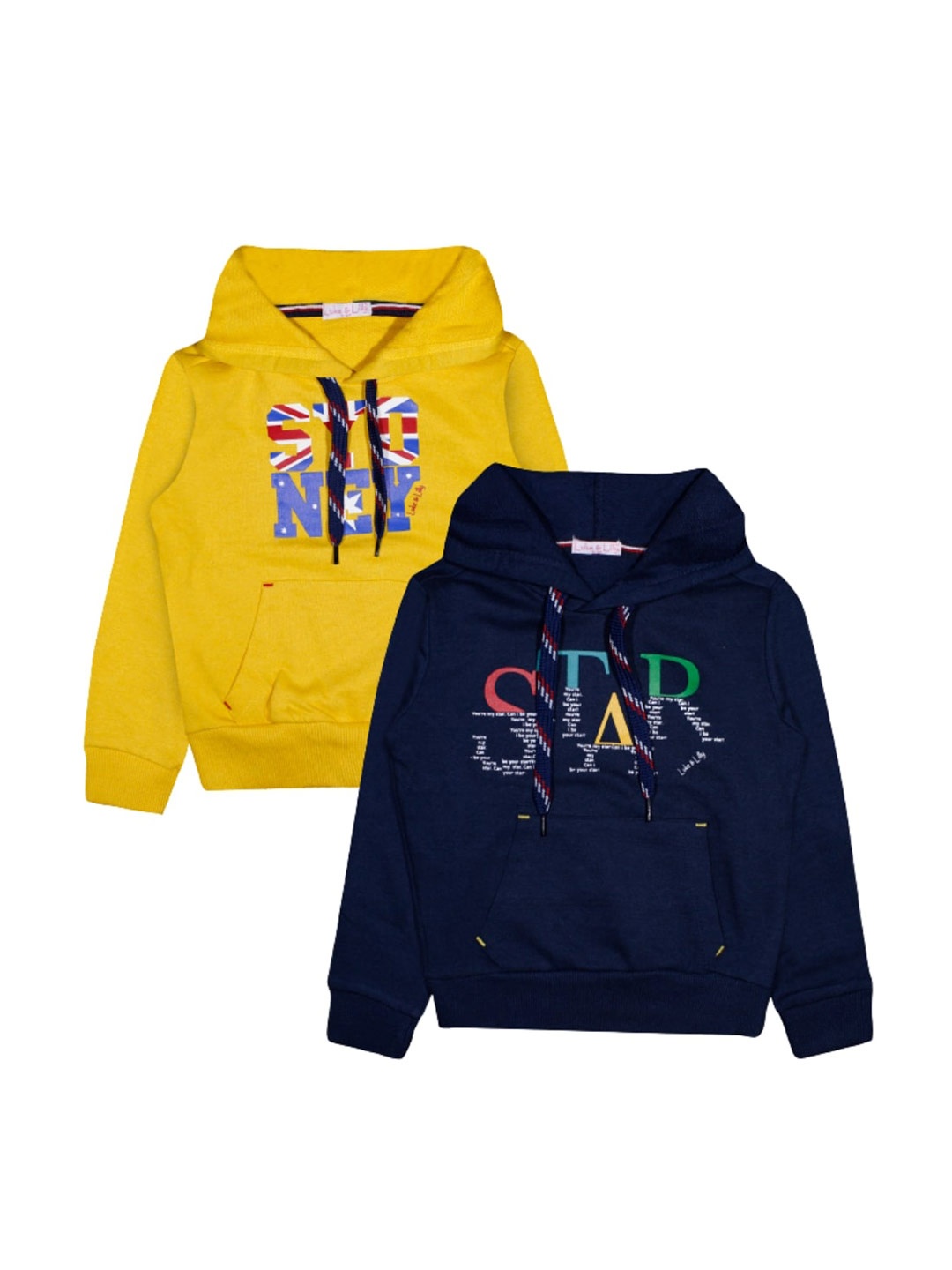 

Luke & Lilly Boys Pack of 2 Yellow and Navy Blue Printed Hooded Cotton Sweatshirt