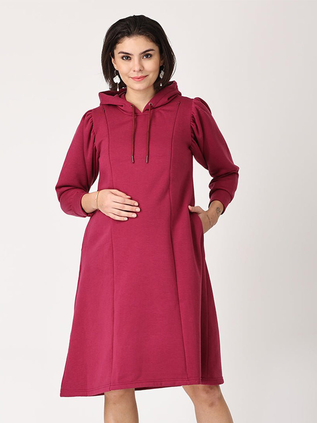 

The Mom Store Cuffed Sleeves Maternity Hooded A-Line Dress, Red