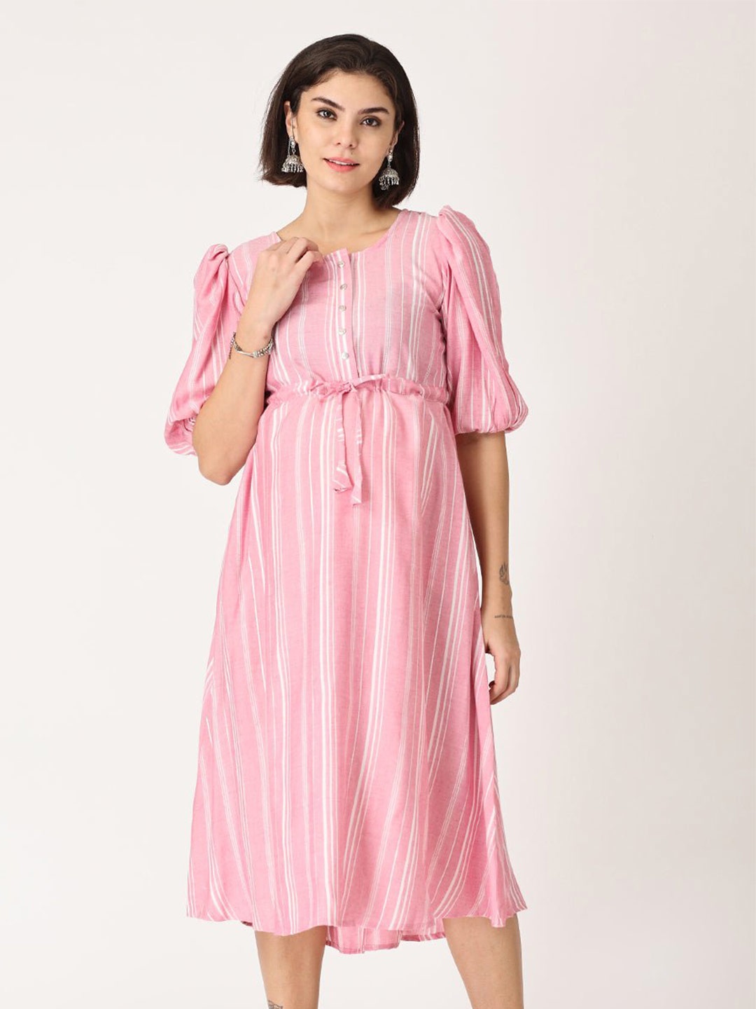 

The Mom Store Women Pink & White Striped Maternity Midi Dress