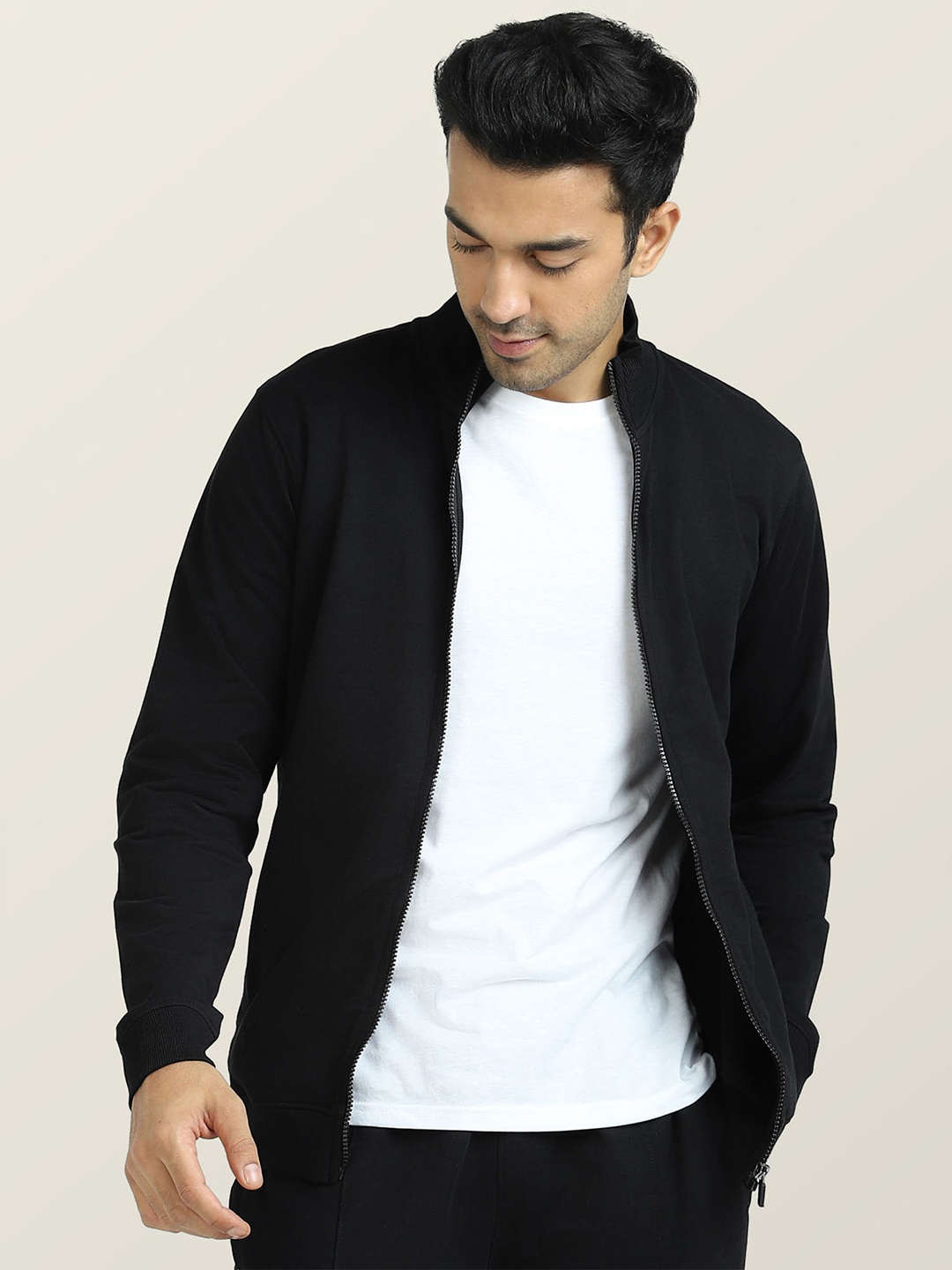 

XYXX Front-Open Mock Collar Cotton Sweatshirt, Black