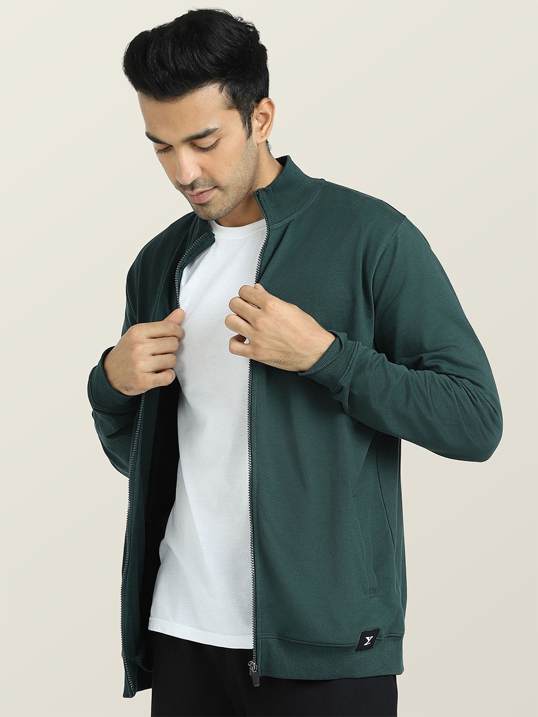 

XYXX Front-Open Mock Collar Cotton Sweatshirt, Green