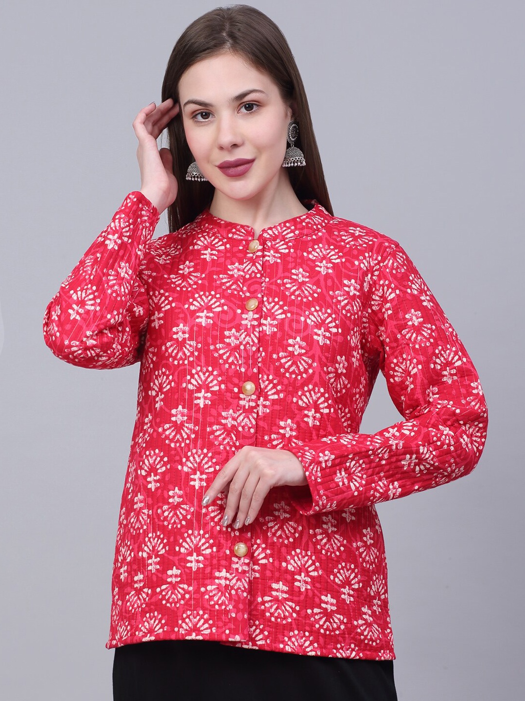 

KALINI Women Red Floral Printed Cotton Lightweight Tailored Jacket
