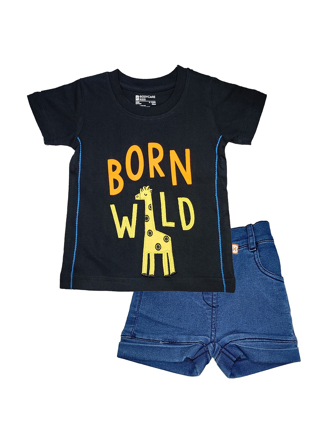 

Bodycare Kids Boys Blue & Black Printed Pure Cotton T-shirt with Shorts Set