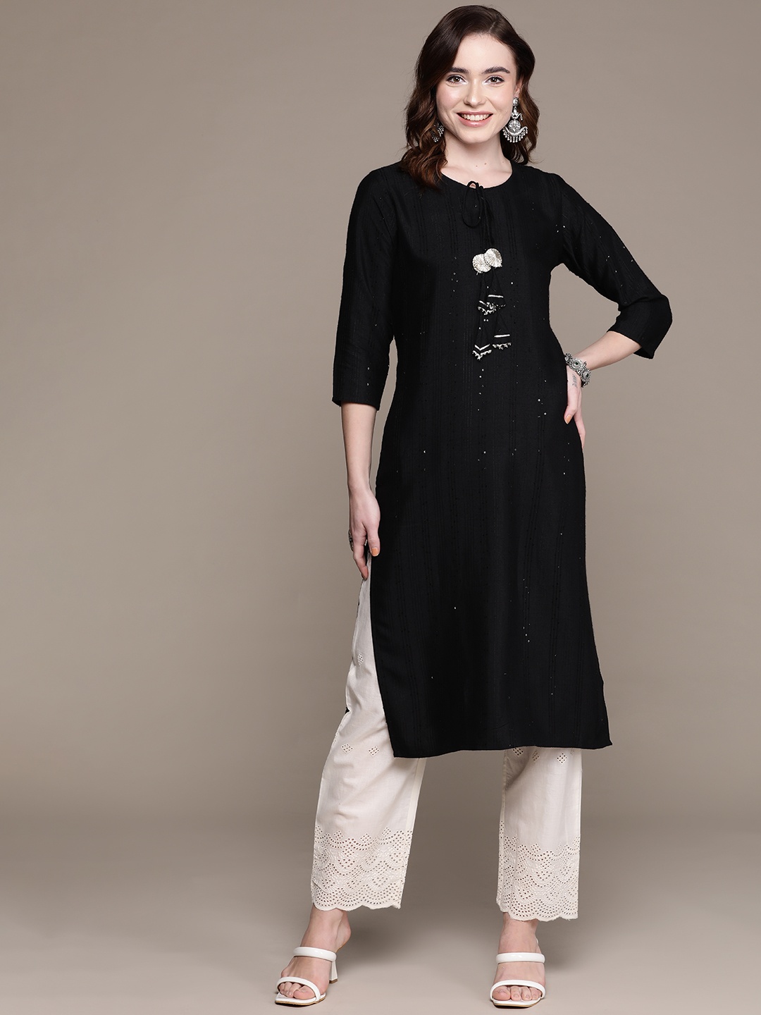 

Anubhutee Women Black Sequinned Kurta With Trousers