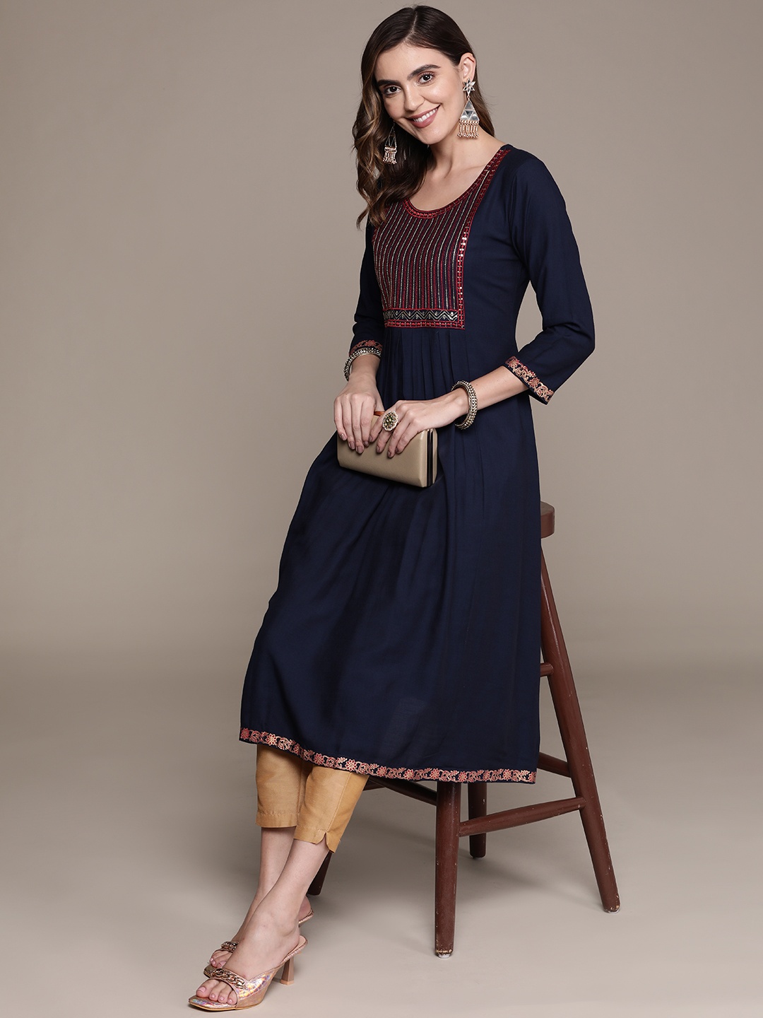 

Anubhutee Navy Blue & Red Ethnic Motifs Embroidered A-Line Kurta