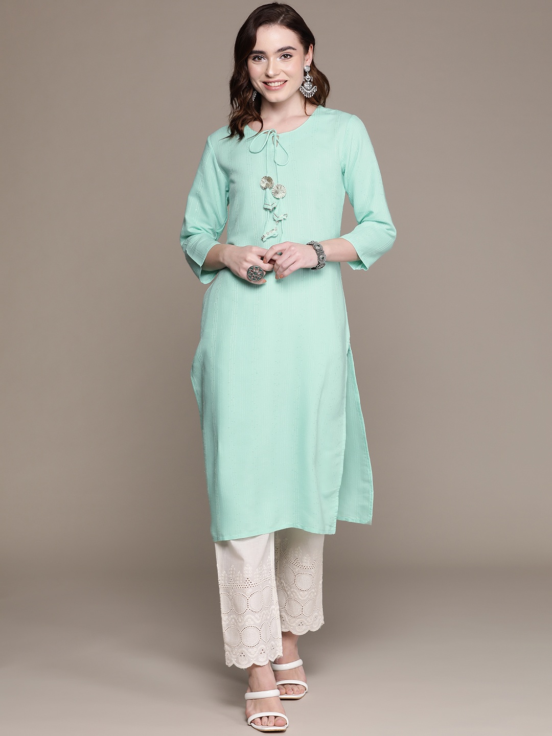 

Anubhutee Women Blue Tie-Up Neck Kurta With Trousers