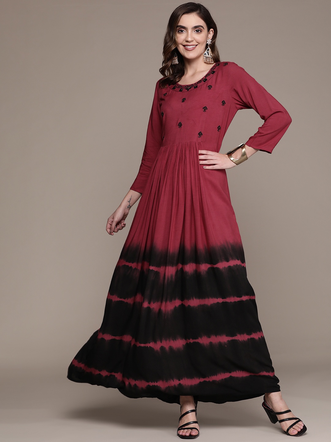 

Anubhutee Red & Black Ethnic Motifs Dyed A-Line Maxi Dress
