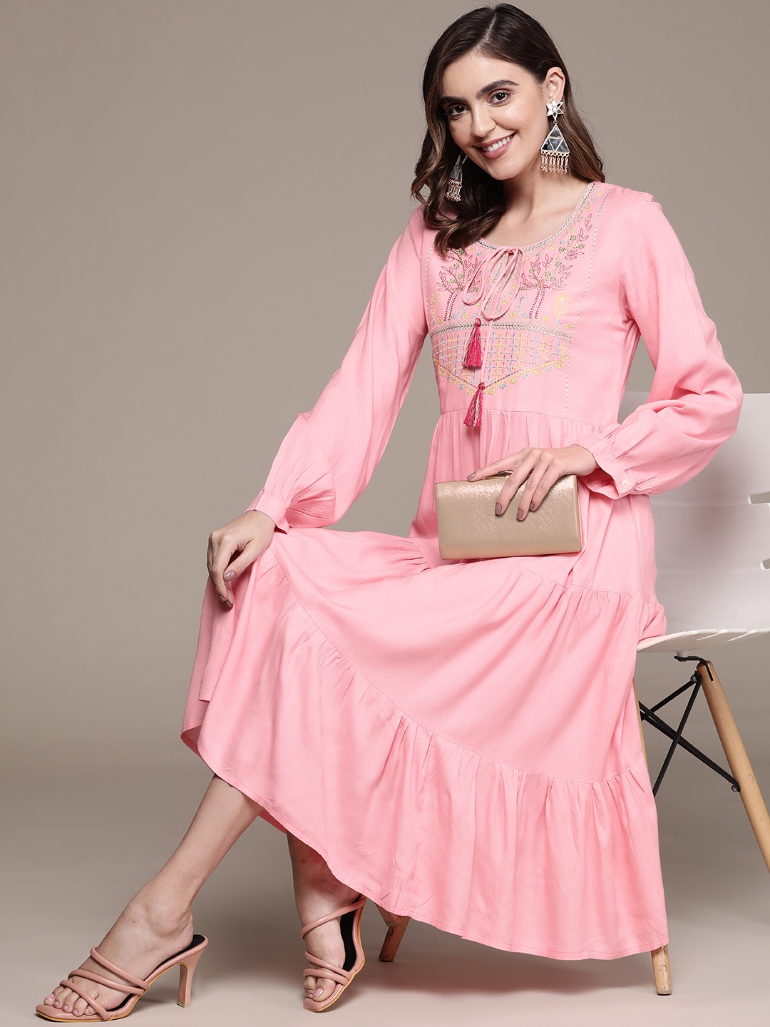 

Anubhutee Pink Floral Embroidered Ethnic A-Line Dress