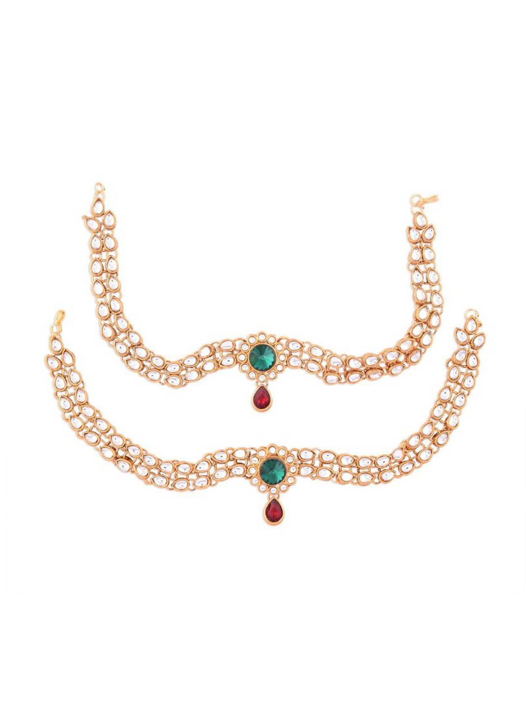 

Efulgenz Gold-Plated Green & Red Kundan-Studded Anklet