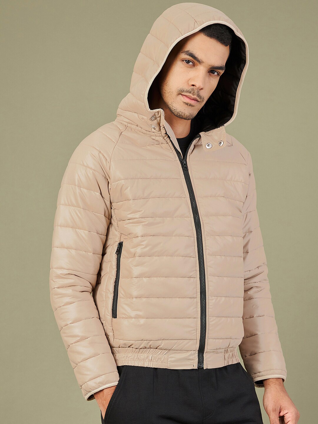 

MASCLN SASSAFRAS Men Khaki Puffer Jacket with Patchwork