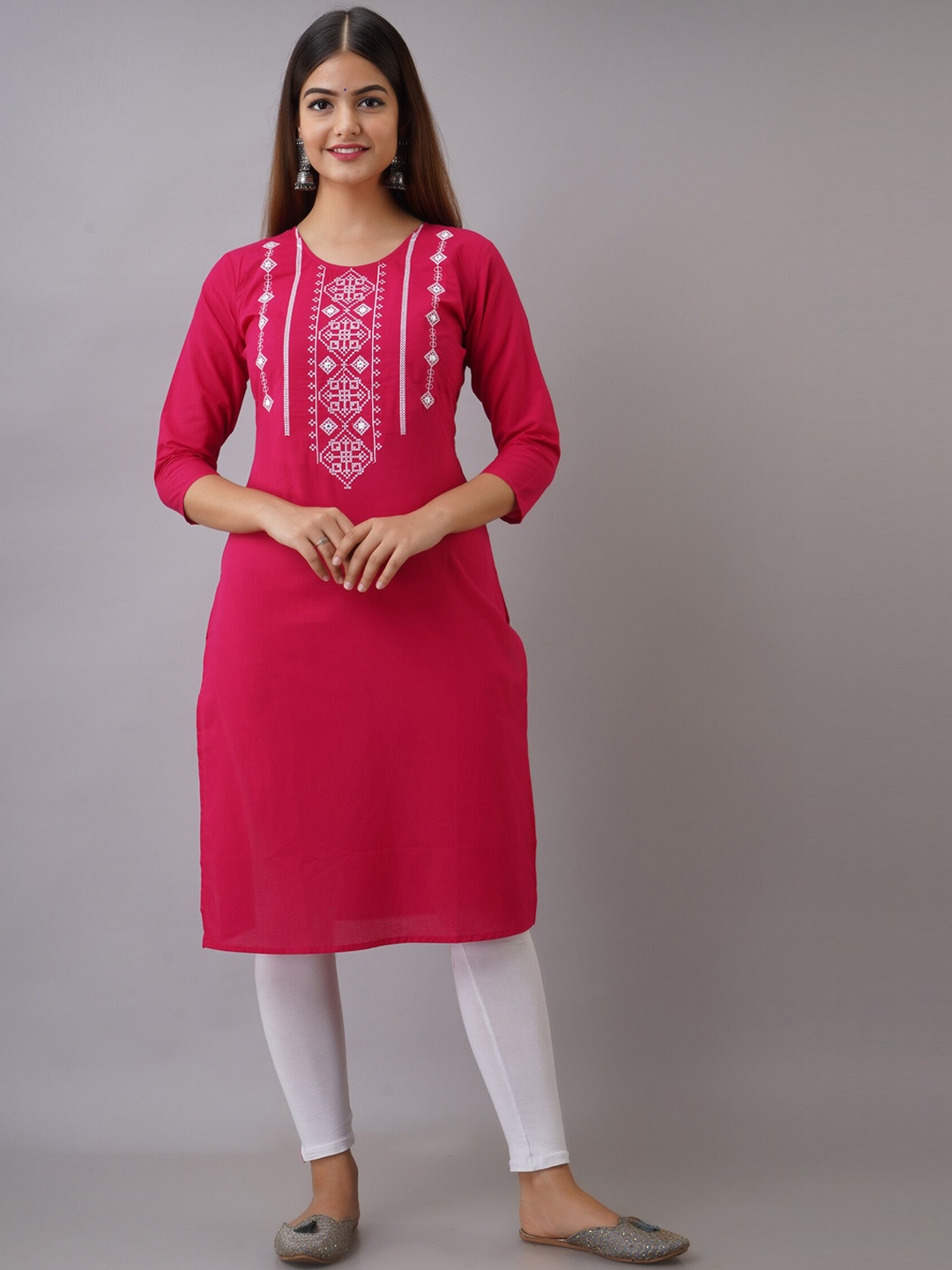 

Ksharaa Ethnic Motifs Embroidered Yoke Design Cotton Kurta, Pink