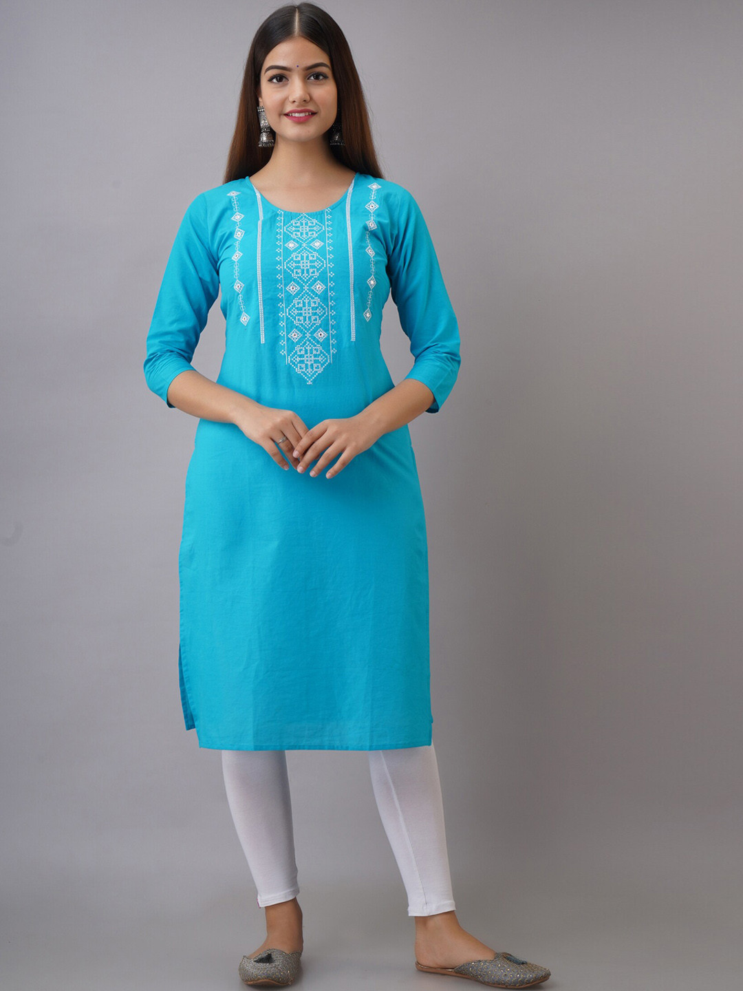 

Ksharaa Turquoise Blue Ethnic Motifs Yoke Design Thread Work Kurta