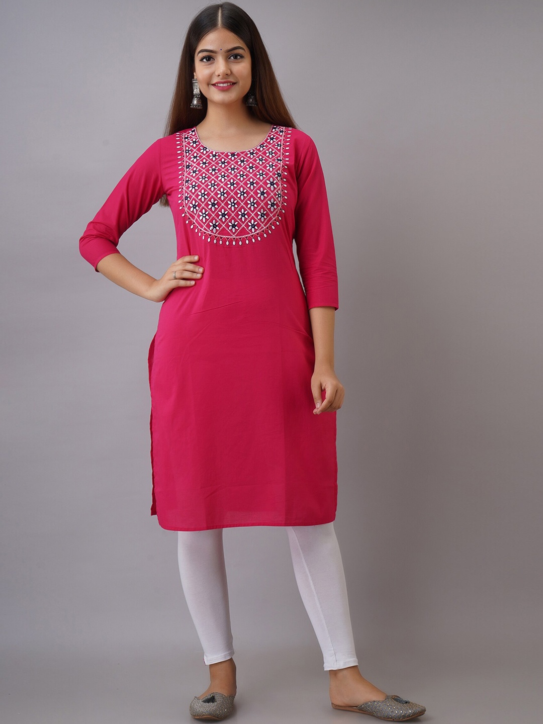 

Ksharaa Women Pink Floral Yoke Design Thread Work Kurta