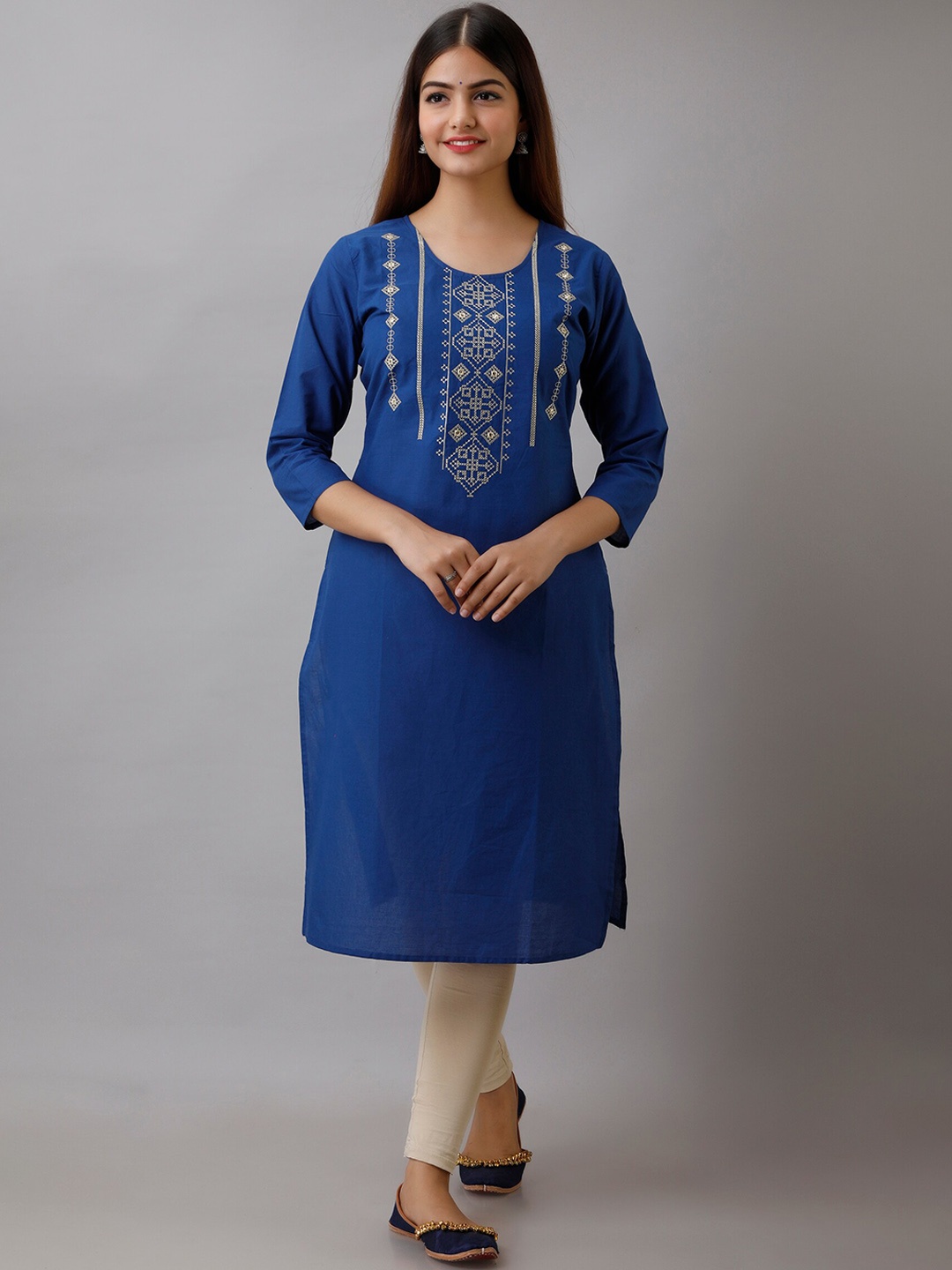 

Ksharaa Ethnic Motifs Embroidered Thread Work Cotton Kurta, Blue