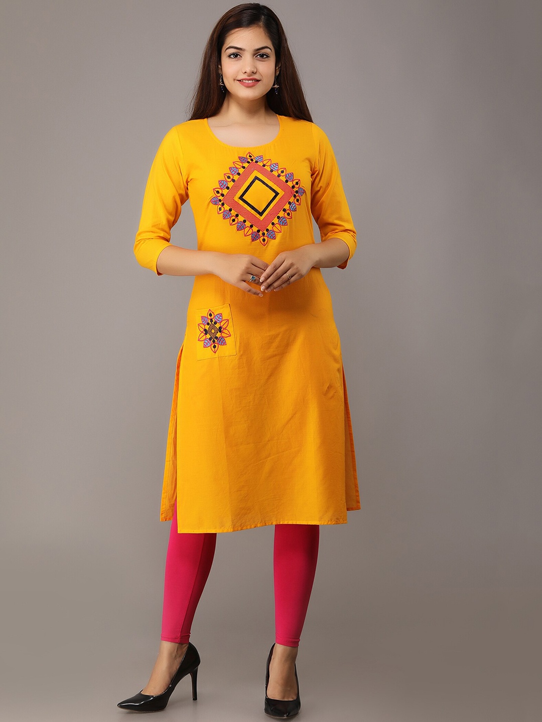 

Ksharaa Mustard Yellow Ethnic Motifs Embroidered Thread Work Kurta