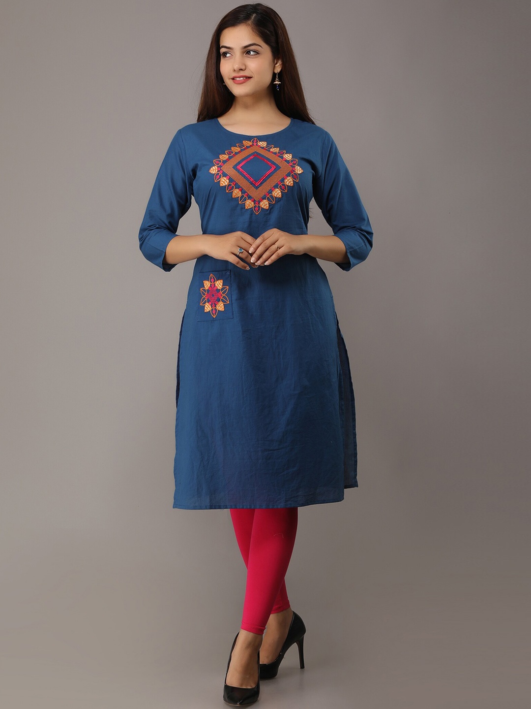 

Ksharaa Ethnic Motifs Embroidered Pure Cotton Kurta, Blue