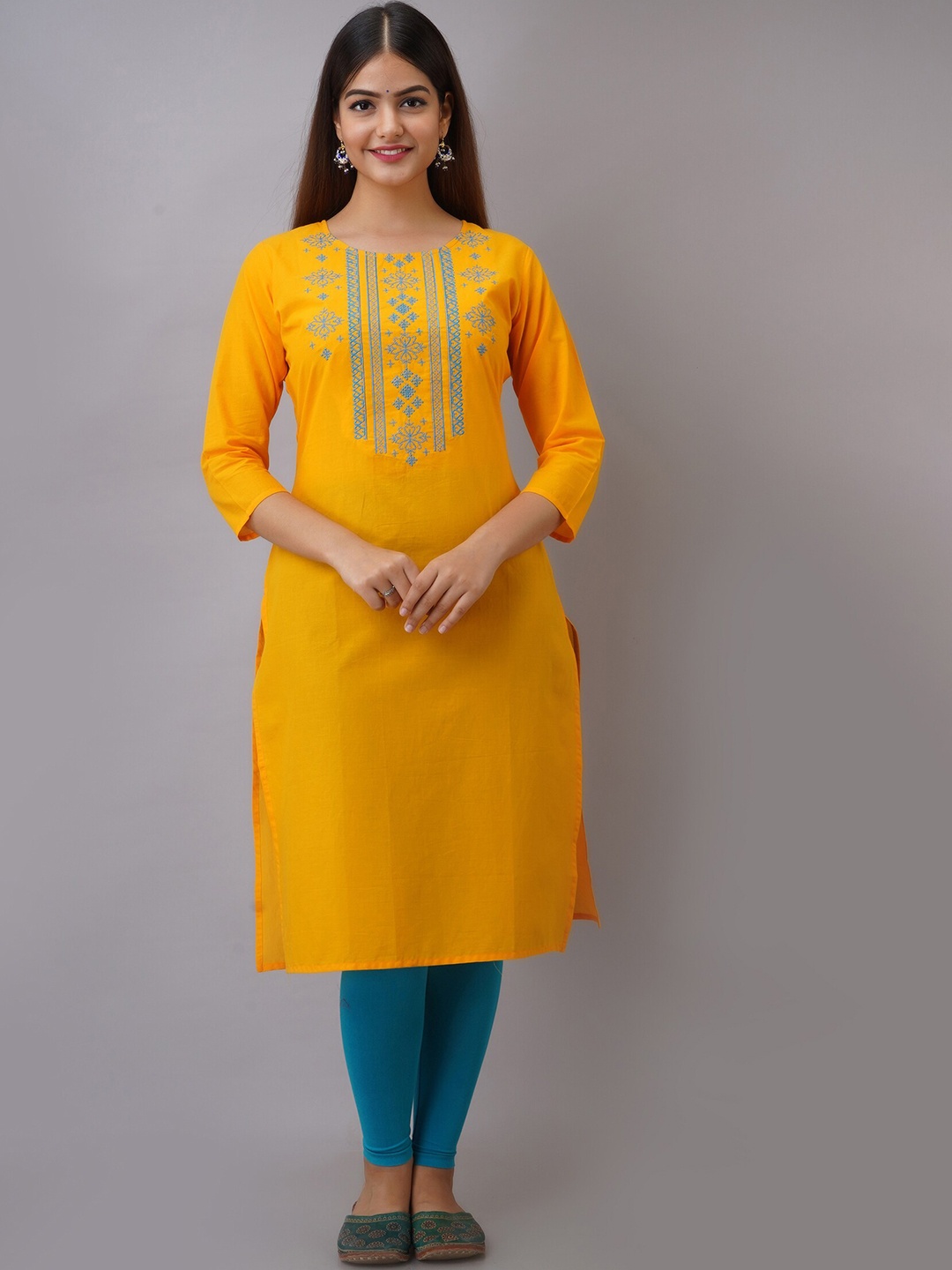

Ksharaa Yellow Geometric Embroidered Thread Work Kurta