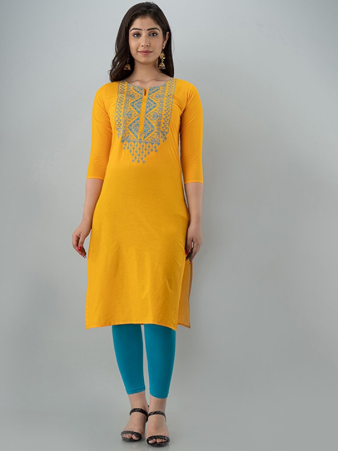 

Ksharaa Mustard Yellow Embroidered Thread Work Kurta