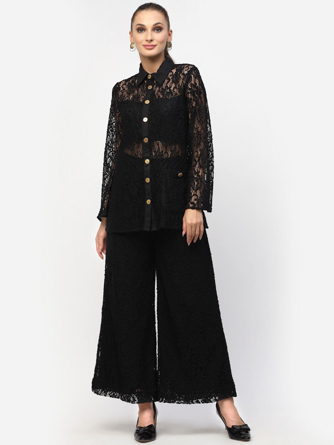 

BLANC9 Women Black Self Design Lace Co-Ord Set