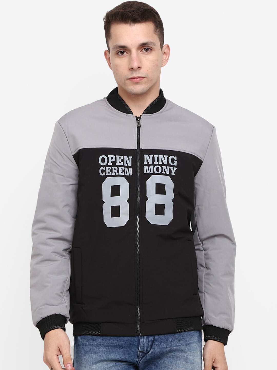 

V-Mart Men Grey Black Colourblocked Lightweight Outdoor Cotton Bomber Jacket