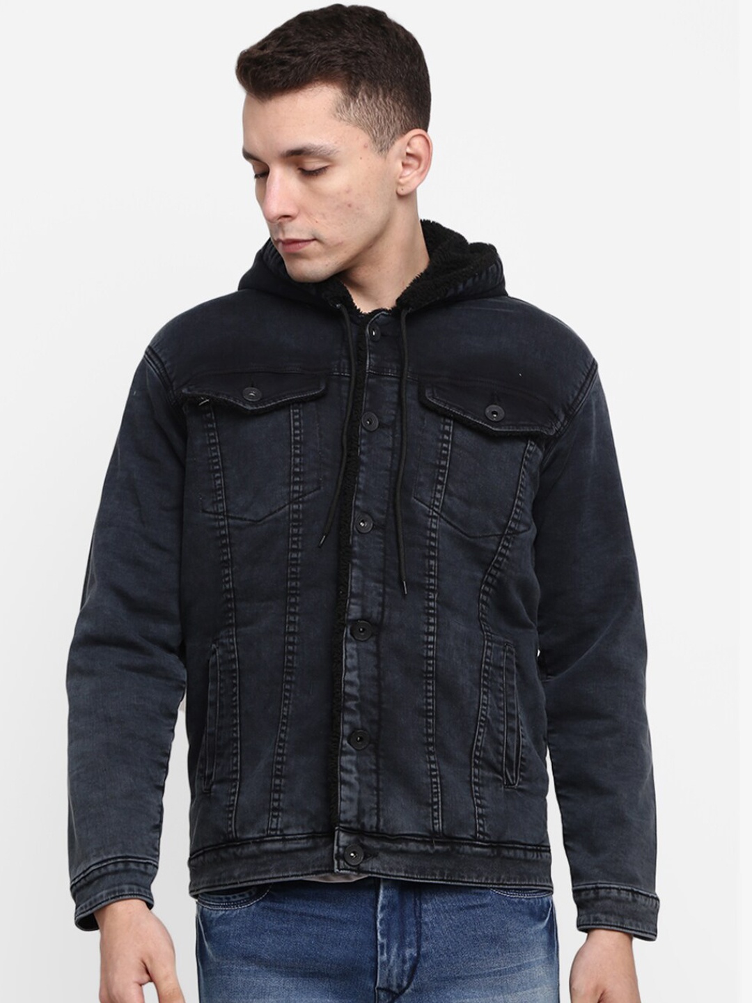 

V-Mart Men Black Lightweight Outdoor Cotton Hooded Denim Jacket