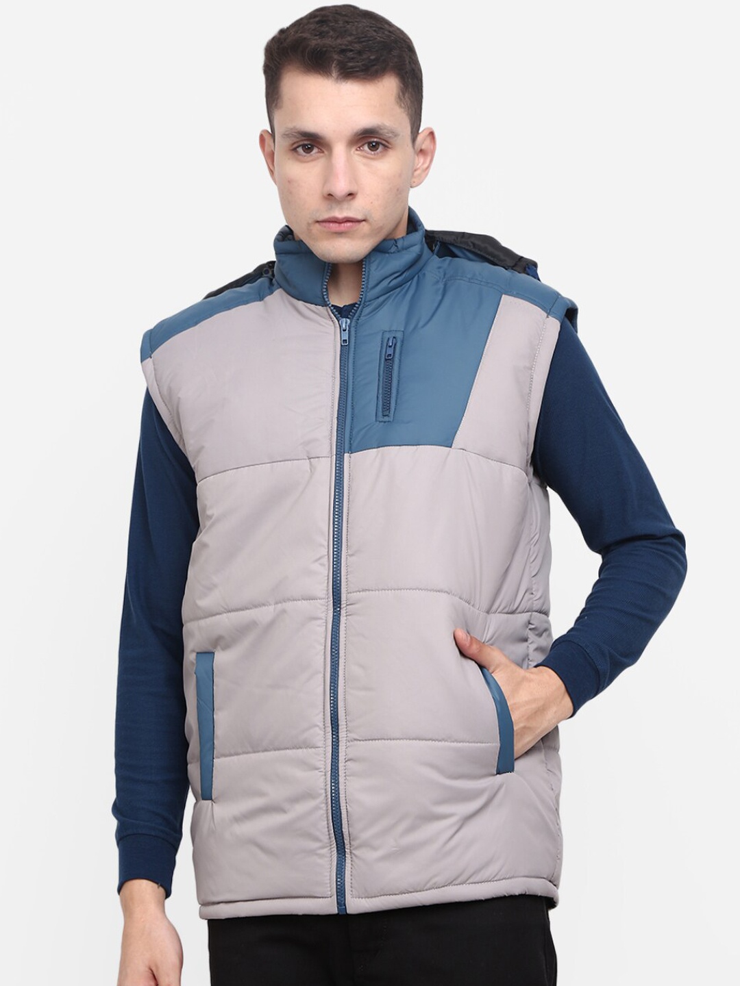 

V-Mart Men Teal & Grey Colourblocked Lightweight Outdoor Padded Jacket