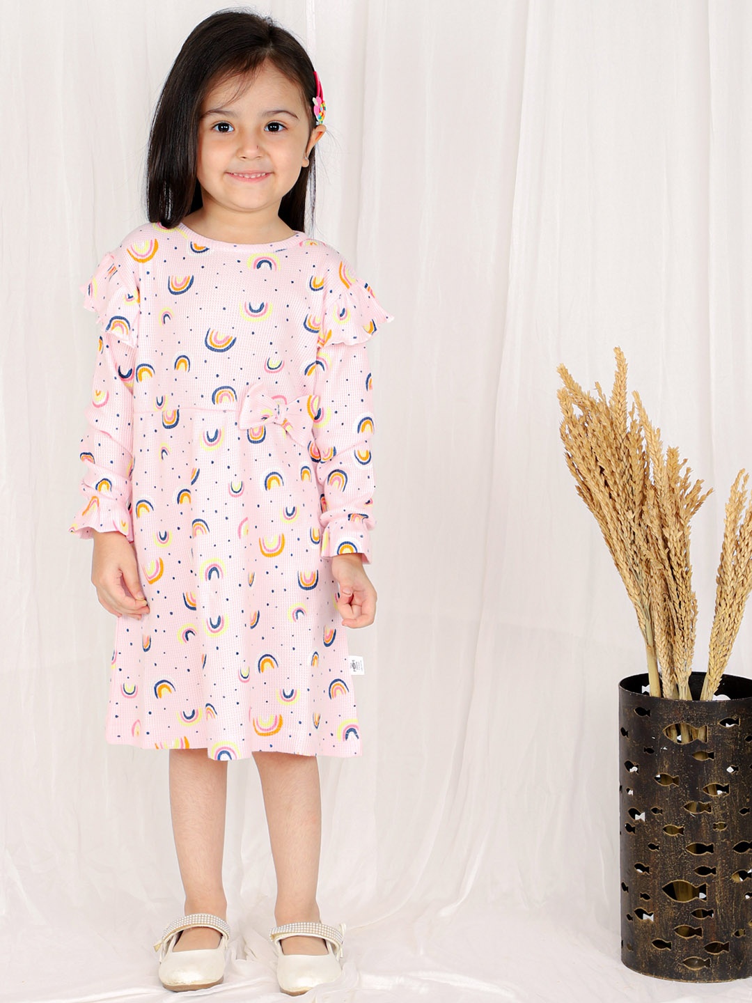 

The Mom Store Girls Geometric Printed Puff Sleeves A-Line Cotton Dress, Pink