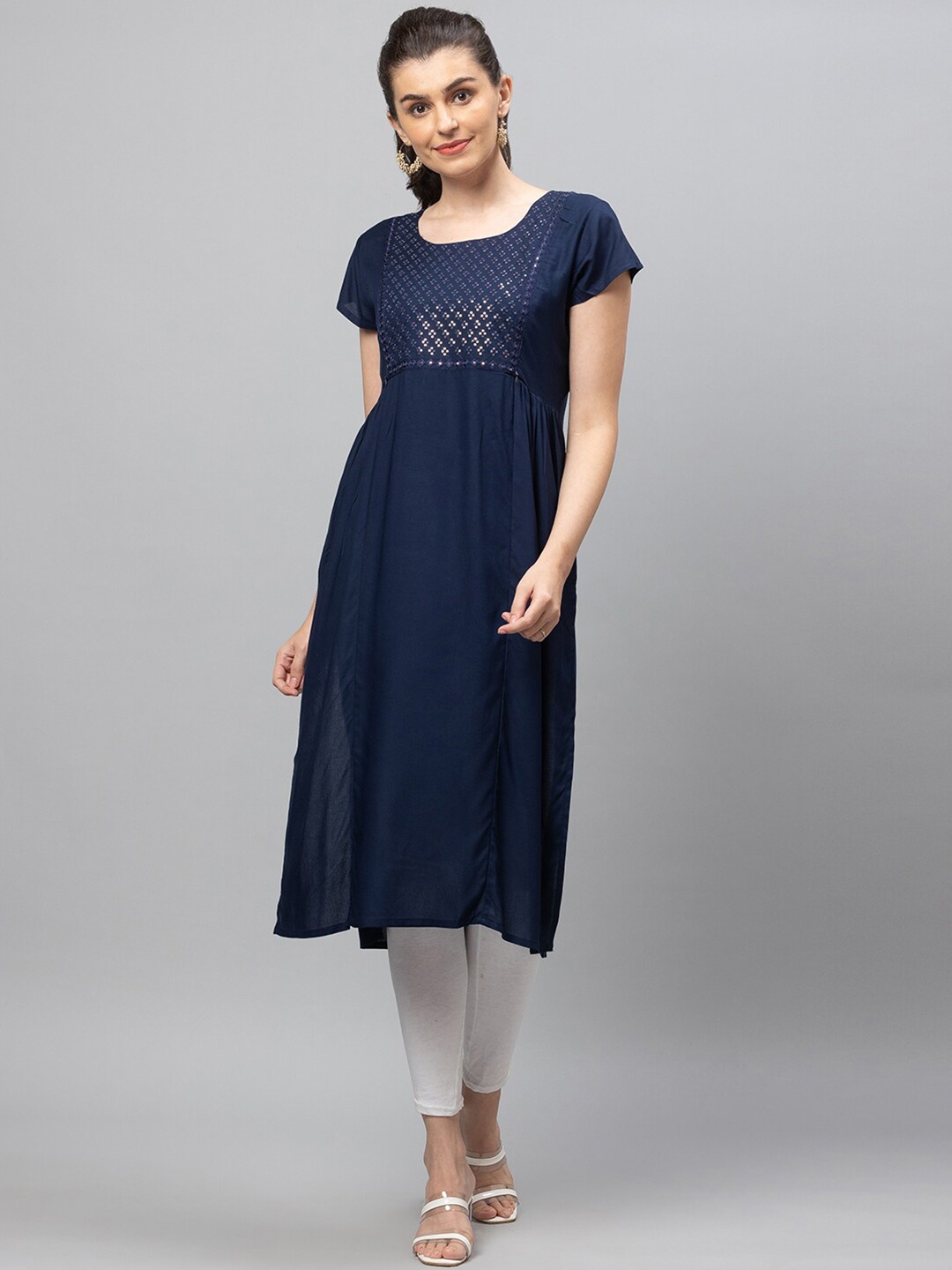 

AV2 Navy Embellished Sequined Maternity A-Line Kurta, Navy blue