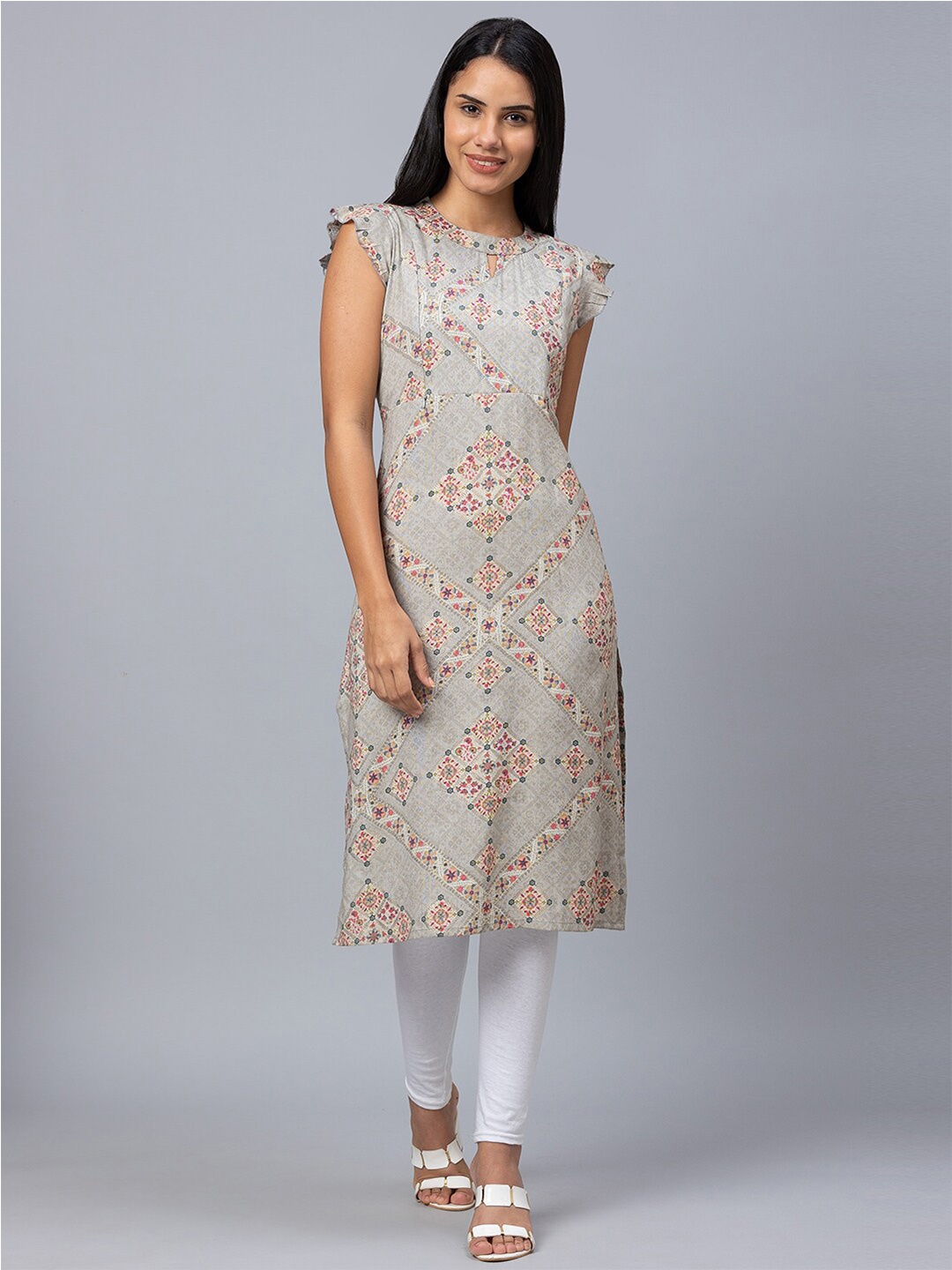 

AV2 Grey Ethnic Motifs Printed Flared Sleeves Regular Maternity Straight Kurta
