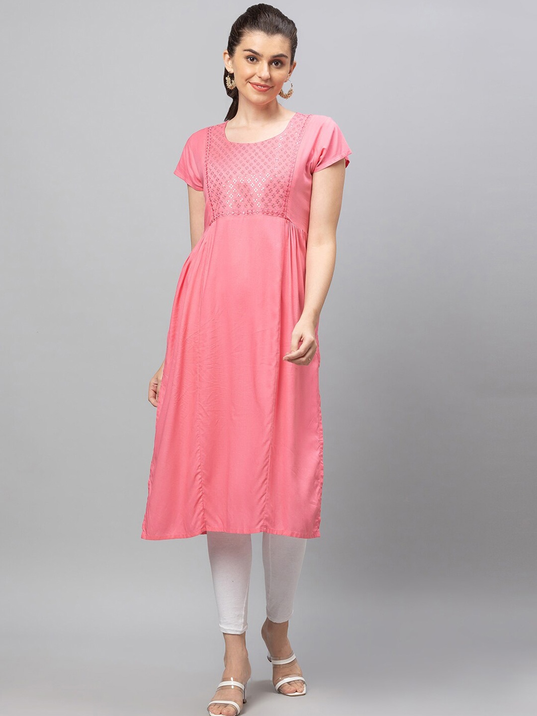 

AV2 Pink Embellished Sequined Maternity A-Line Kurta