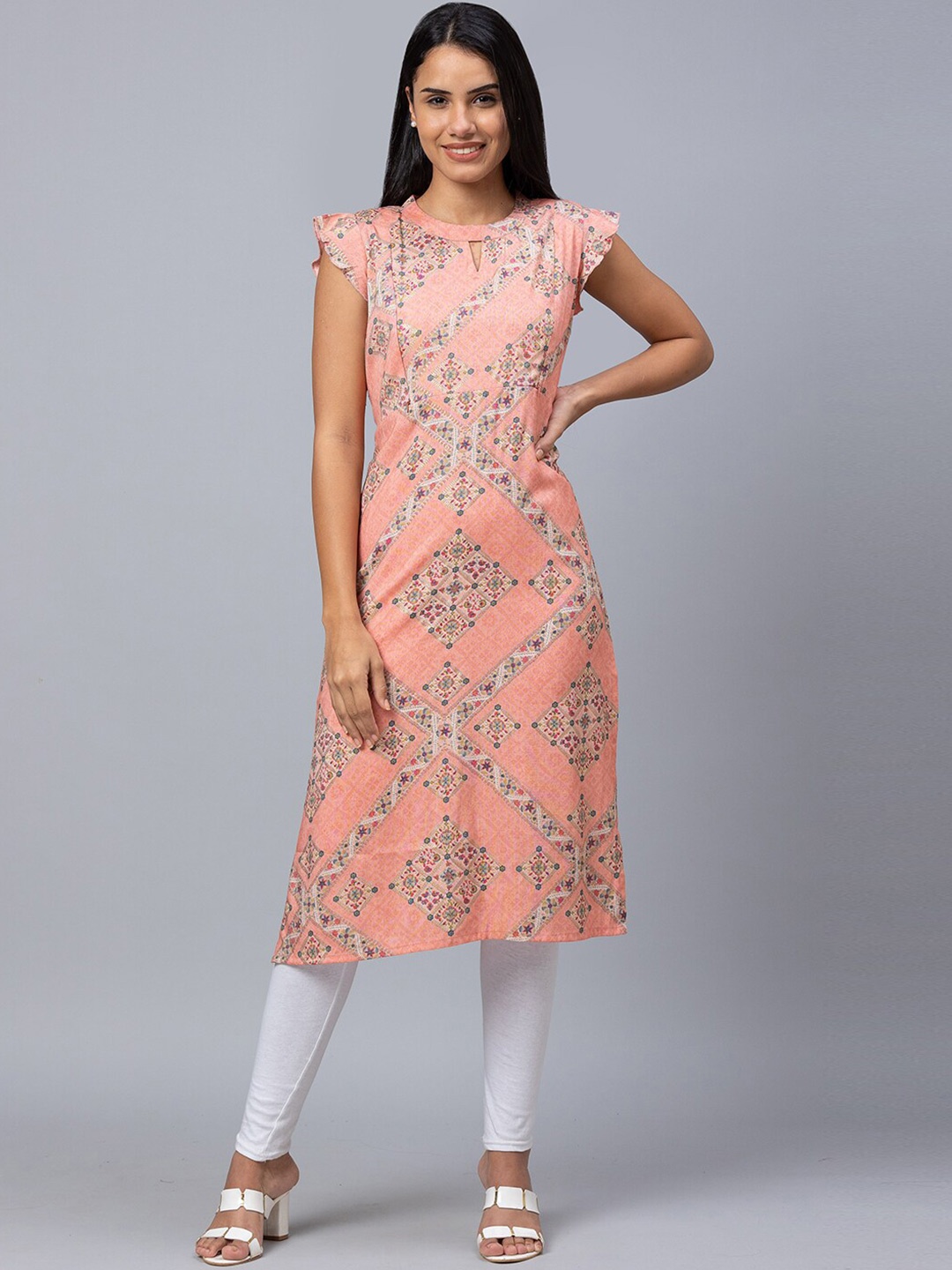 

AV2 Round Neck Ethnic Motifs Printed Maternity Straight Fit Kurta, Peach