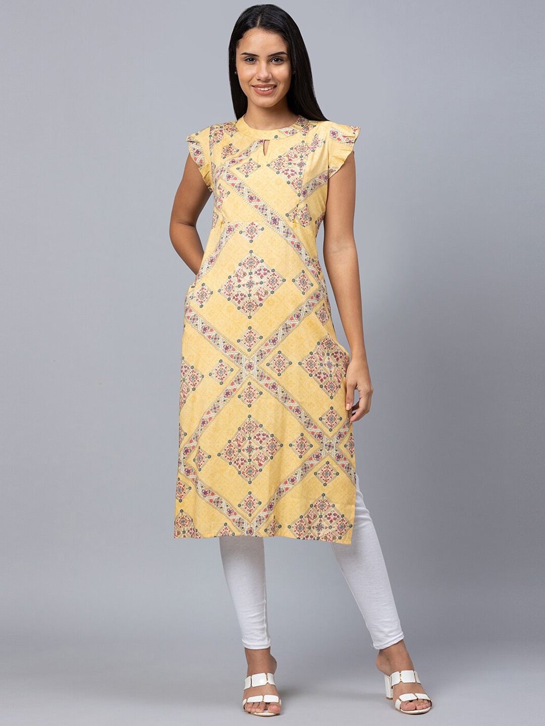 

AV2 Round Neck Ethnic Motifs Printed Maternity Straight Fit Kurta, Yellow