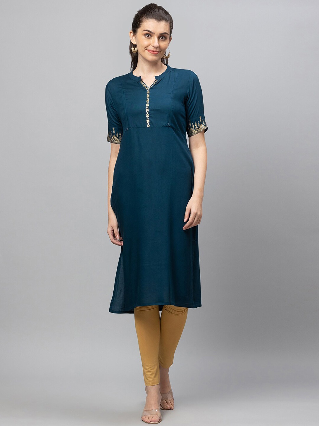 

AV2 Mandarin Collar Short Sleeves Maternity Straight Fit Kurta, Navy blue