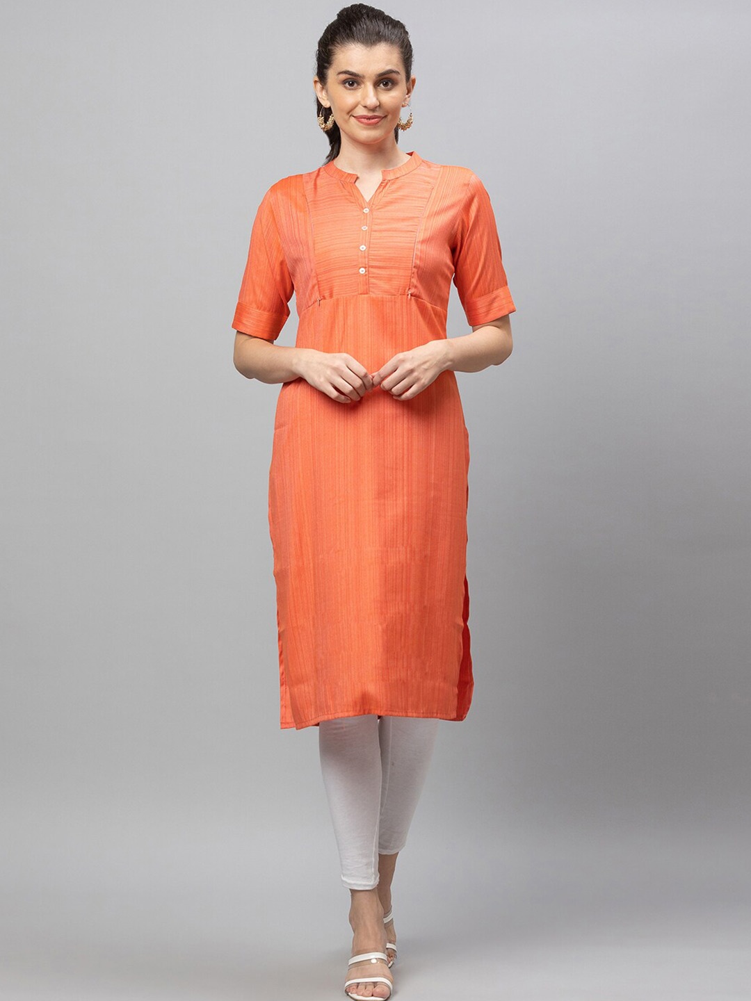 

AV2 Mandarin Collar Short Sleeves Maternity Straight Fit Kurta, Orange